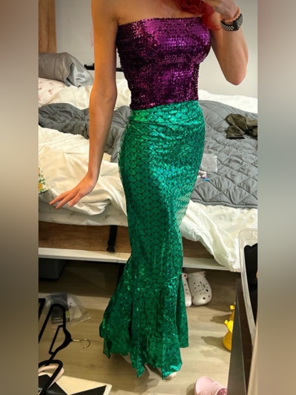 Emerald Green Mermaid Maxi Skirt With Purple Sequin Top